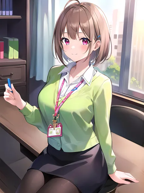 anime girl sitting at a desk with a cell phone in her hand