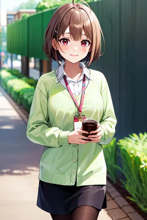 masterpiece, best quality, highres, nodoka1, 1girl, solo, pantyhose, brown hair, lanyard, black skirt, short hair, ahoge, red eyes, bangs, hair ornament, white shirt, collared shirt, long sleeves, hairclip, green cardigan, dress shirt, <lora:harusaki_nodok...