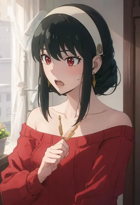 best quality, masterpiece, highres, solo, {yor_briar_spyxfamily:0.90}, 1girl, collarbone, red_sweater, upper_body, off_shoulder, bare_shoulders, jewelry, indoors, closed_mouth, open_mouth, sweatdrop