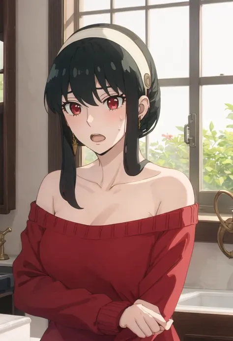 best quality, masterpiece, highres, solo, {yor_briar_spyxfamily:0.90}, 1girl, collarbone, red_sweater, upper_body, off_shoulder, bare_shoulders, jewelry, indoors, closed_mouth, open_mouth, sweatdrop