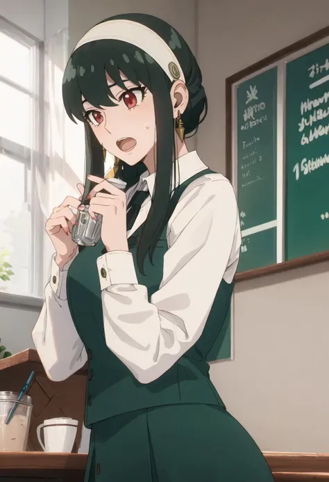 best quality, masterpiece, highres, solo, {yor_briar_spyxfamily:0.90}, 1girl, green_vest, long_sleeves, white_shirt, office_lady, green_skirt, holding, jewelry, collared_shirt, open_mouth, short_hair_with_long_locks, sweatdrop