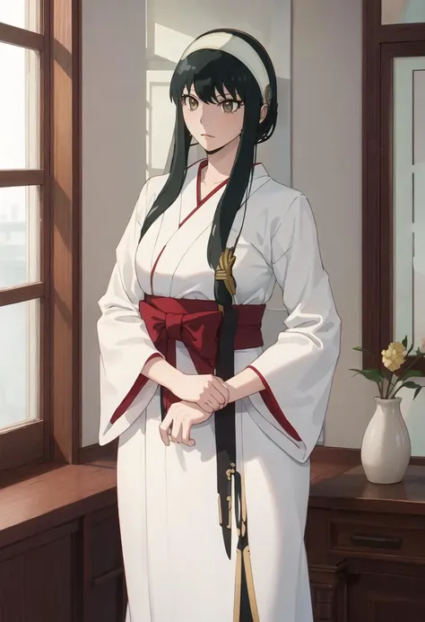 best quality, masterpiece, highres, solo, {yor_briar_spyxfamily:0.90}, {white kimono:1.35}, {red hakama:1.35}, {wide sleeves:1.20}