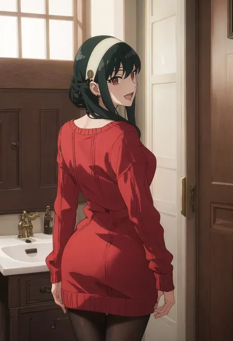 best quality, masterpiece, highres, solo, {yor_briar_spyxfamily:0.90}, 1girl, back_cutout, jewelry, open_mouth, red_sweater, from_behind, indoors, sweater_dress, black_pantyhose, smile, looking_back