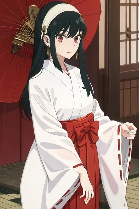 best quality, masterpiece, highres, solo, {white kimono:1.35}, {red hakama:1.35}, {wide sleeves:1.20}, {yor_briar_spyxfamily:1.15}, black_hair, hairband, red_eyes, sidelocks, white_hairband, jewelry, earrings, bangs, long_hair