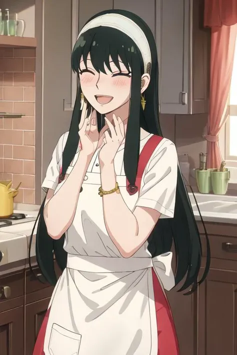 best quality, masterpiece, highres, solo, {yor_briar_spyxfamily:1.15}, black_hair, hairband, red_eyes, sidelocks, white_hairband, jewelry, earrings, bangs, long_hair, 1girl, smile, window, blush, apron, shirt, bow, curtains, indoors, open_mouth, closed_eye...