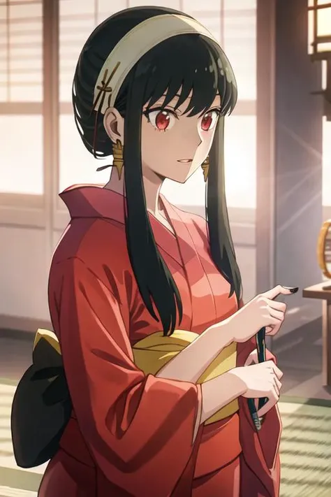 best quality, masterpiece, highres, solo, {yukata:1.40}, {kimono:1.20}, {yor_briar_spyxfamily:1.15}, black_hair, hairband, red_eyes, sidelocks, white_hairband, jewelry, earrings, bangs, long_hair