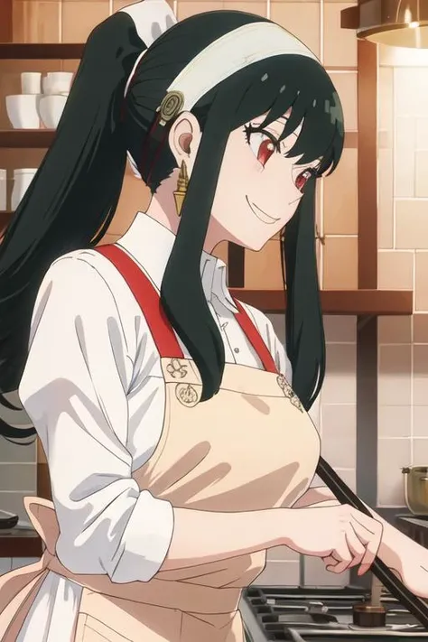 best quality, masterpiece, highres, solo, {yor_briar_spyxfamily:1.15}, black_hair, hairband, red_eyes, sidelocks, white_hairband, jewelry, earrings, bangs, long_hair, 1girl, apron, shirt, white_shirt, collared_shirt, smile, bandaid, ponytail, red_apron