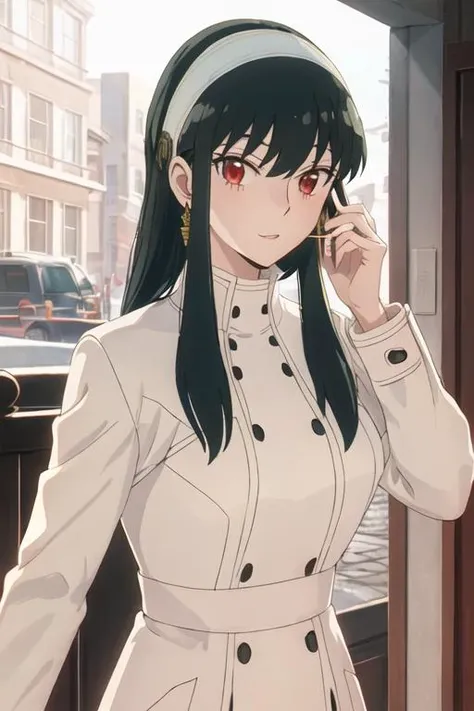 best quality, masterpiece, highres, solo, {yor_briar_spyxfamily:1.15}, black_hair, hairband, red_eyes, sidelocks, white_hairband, jewelry, earrings, bangs, long_hair, 1girl, cellphone, coat, corded_phone, holding, holding_phone, long_sleeves, phone, talkin...