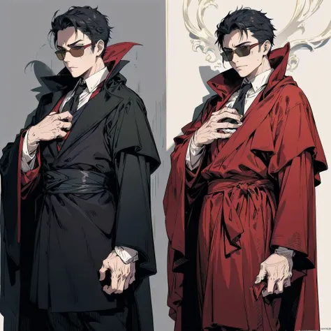 two anime characters dressed in black and red robes and holding a cigarette