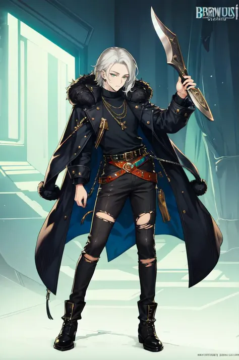 <lora:brd:1> (solo:1.3),, ultra detailed, masterpiece, best quality, solo, 1boy, teal eyes, <lora:Tsurime3:1>, (tsurime:1.2), parted bangs, white hair, medium hair, straight hair, shoulder-length hair, male focus, coat, shirt, pants, studded belt, multiple...