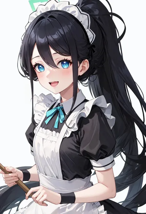 best quality, masterpiece, highres, solo, (arisu_bluearchive:1.10), 1girl, black dress, frilled apron, looking at viewer, maid apron, maid headdress, official alternate costume, ponytail, puffy short sleeves, smile, white apron, blush, neck ribbon, blue ri...