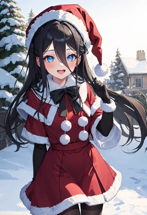 best quality, masterpiece, highres, solo, (arisu_bluearchive:1.10), 1girl, looking at viewer, smile, alternate costume, christmas, santa costume, blush, hat, red dress, long sleeves, open mouth, red headwear, black pantyhose, fur-trimmed dress, red capelet...