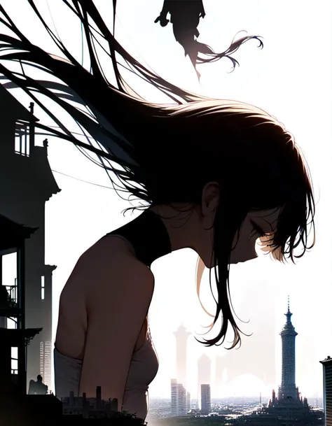 anime girl with long hair flying over a city skyline