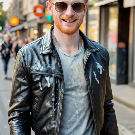 arafed man in a leather jacket and sunglasses walking down a street