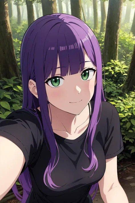 anime girl with purple hair and green eyes in a forest