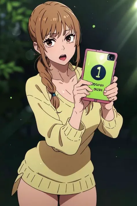 anime girl holding up a cell phone with a green screen