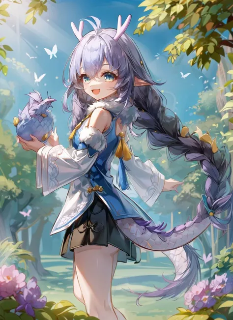 (small girl:1.1), solo, smile, :d, smug,
smile, from side,
bailu,twin braids, (dragon tail:1.0), detached sleeves fur trim chinese clothes yellow tassel, dragon horns,
outdoor, rural style, <lora:bailuHonkaiStarRail0:1> <lora:add_detail:0.2>
butterflies, b...