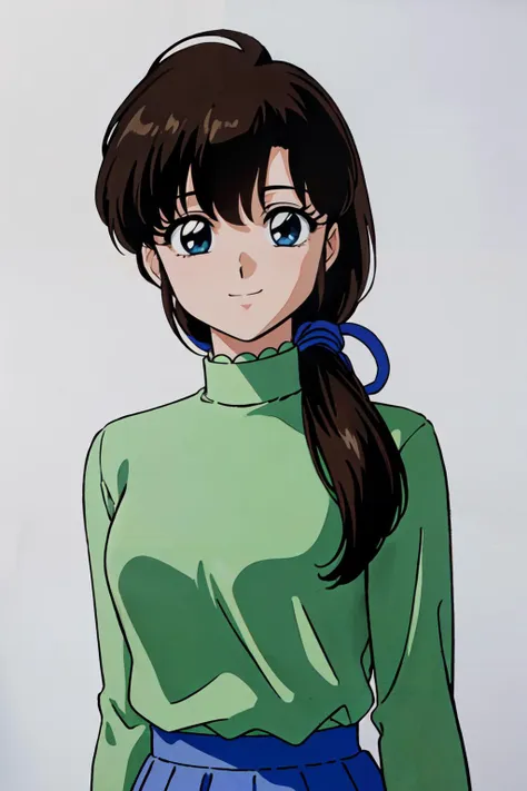 anime girl with ponytail and green shirt with scissors in her hair