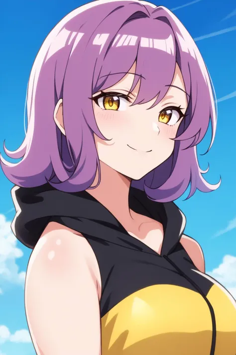 a woman with purple hair and yellow eyes standing in front of a blue sky