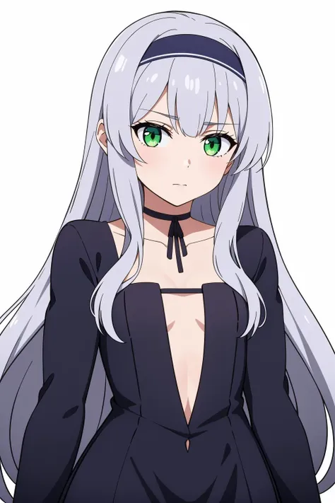 a woman with long white hair and green eyes in a black dress