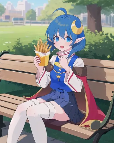 anime girl sitting on a bench eating french fries