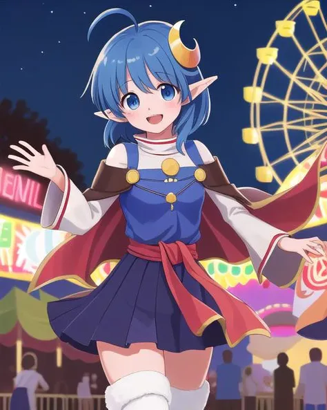 (masterpiece, best quality:1.4) <lora:rena:1> 
solo, rena, crescent hair ornament, (renadef), red cape, (blue skirt), boots, white thighhighs,  ahoge, short hair, smile, excited, outdoors, night, carnival, ferris wheel, lights, ground level shot