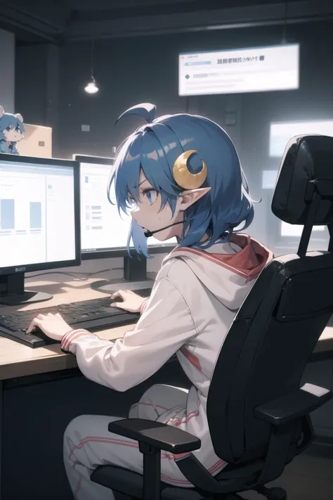 <lora:rena-000015:1> rena, crescent hair ornament, casual, hoodie, sweatpants,
1girl, solo, monitor, looking at screen, shouting, angry, headset, chair, sitting, desk, keyboard (computer), mouse (computer), from behind, looking away