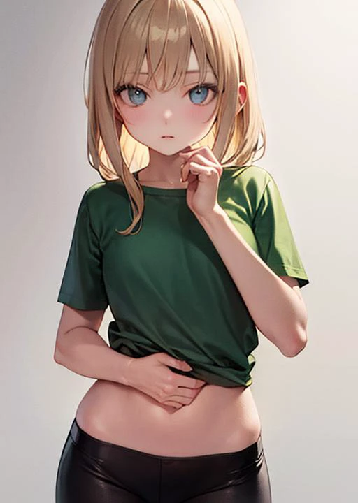 (masterpiece, best quality, perfect anatomy),white background,cowboy shot,
1girl, solo, blonde hair, blues eyes, ,looking at viewer,green t-shirts,black pants,hands hips
<lora:age_changer_last:1.5>,sfw