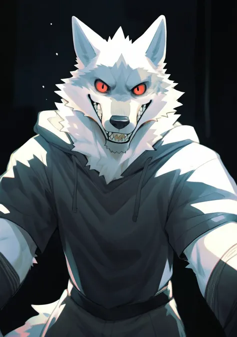 monochrome, glowing, spot color, furry, solo, male, wolf, mouth closed, sharp teeth, looking at viewer, grin, clothing, red eyes, dark light, by k0bit0wani, by kiyosan, by milkytiger1145, by jrjresq, <lora:deathwolf:1>