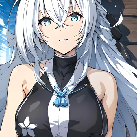 anime girl with long white hair and blue eyes in a black top