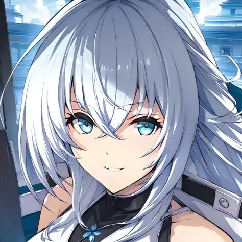 anime girl with long white hair and blue eyes looking at the camera