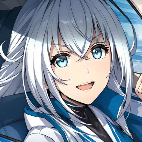 anime girl with white hair and blue eyes in a car