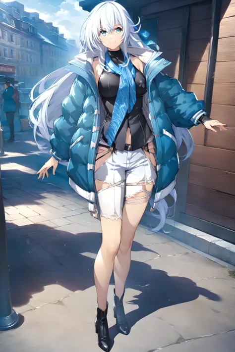 anime girl in short shorts and jacket walking down the street