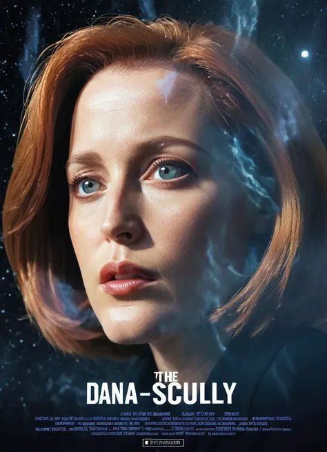 cinematic movie poster starring agentscully, realistic portrait of a woman, science fiction theme, night, dark sky, dramatic light, light effects, outside, ufo in the sky, movie title text "The Adventures of Dana Scully" in bold letters, mystery background...