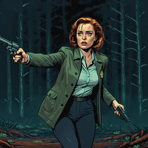 In a dark forest illuminated by shafts of light from a helicopter above, agentscully, 25 years old, runs, holding a pistol, wearing an FBI coat, trying to find her partner in the gloom, ((pulp_comic, heavy_lines, hand_drawn, hand_inked, hand_colored, perfe...