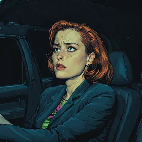 Inside a 90s rental car on a dark night, agentscully, 25 years old, sits alone, an expression of tiredness and boredom on her face, side view, ((pulp_comic, heavy_lines, hand_drawn, hand_inked, hand_colored, perfect_face, apxlz))