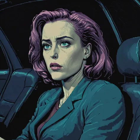 Inside a 90s rental car on a dark night, agentscully, 25 years old, sits alone, an expression of tiredness and boredom on her face, side view, ((pulp_comic, heavy_lines, hand_drawn, hand_inked, hand_colored, perfect_face, apxlz))