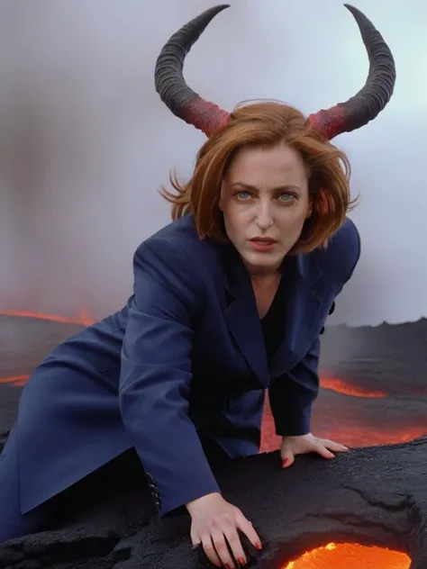 <lora:DanaScully:1> dana scully , demonic, woman in hell, woman with red tail, horns, lava lake