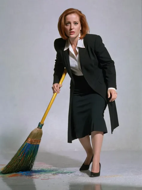 Dana Scully in a white blouse with black jacket is sweeping the floor with a colorful long broom. from below, cinematic,
<lora:DanaScully:0.8>