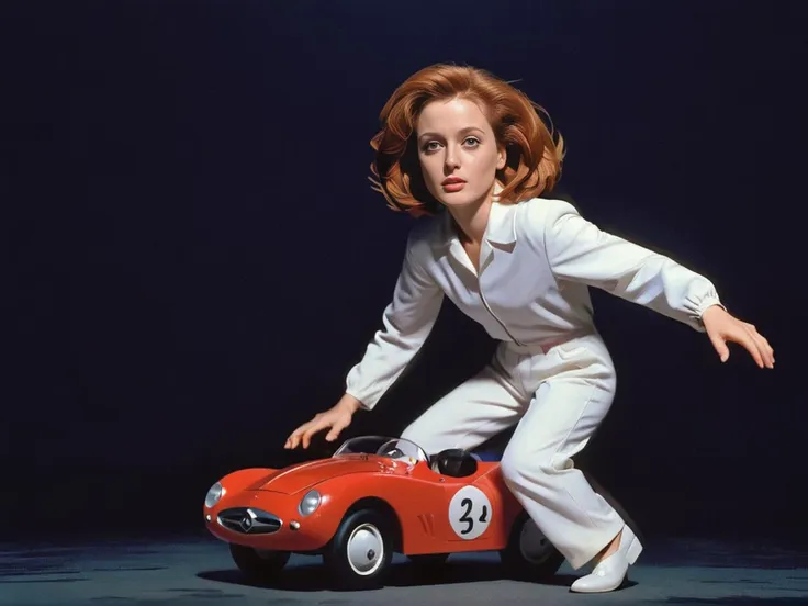 arafed woman in white jumpsuit leaning on a red toy car