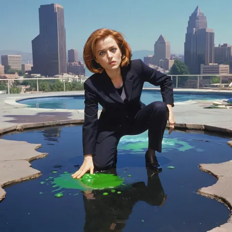 arafed woman in a suit crouches down to a pool of green paint