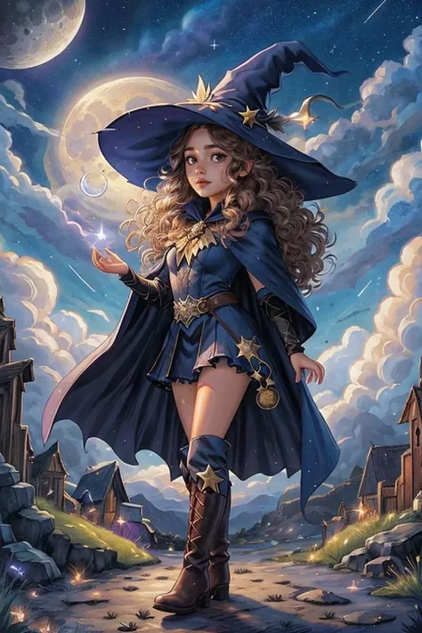 masterpiece, best quality, Close-up, 1girl, solo, fantasy, night sky, outdoors, magic, spells, moon, stars, clouds, wind, hair, cape, hat, boots, witches, (face visible:0.6), puffy eyes, gorgeous hair, beautiful face, aesthetic body