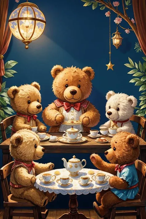 masterpiece, best quality, a teddy bear tea party with one teddy playing piano while the others sit at tables and enjoy tea and biscuits