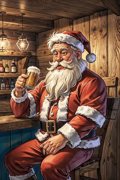 masterpiece, best quality, Santa Claus sits in a beer bar