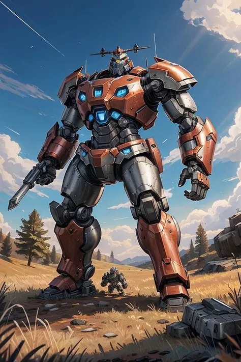 masterpiece, giant masculine metalic robot loaded with heavy reactive armor and heavy weapon standing in a field, battlemech, mech