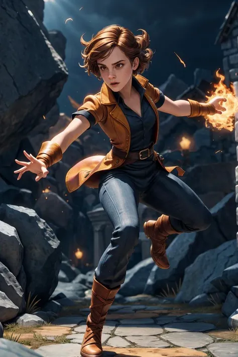 (dynamic pose:1.2),(dynamic camera),solo, Emma Watson character,(complex game screenshot background),shadows,(action movement, three-dimensional picture, impressive)