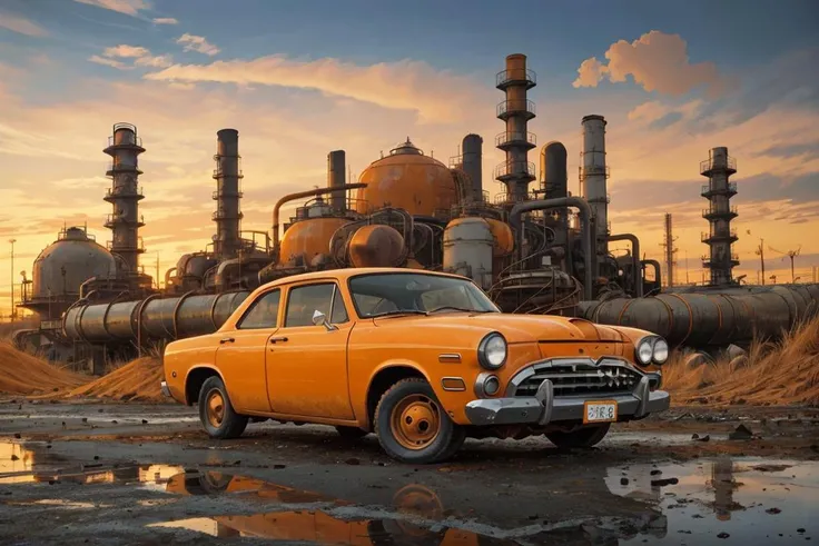 (dynamic pose:1.2),(dynamic camera),masterpiece, orange colored car Chrysler on desolate oil refinery, abandoned machinery, oil spills, toxic wasteland high speed