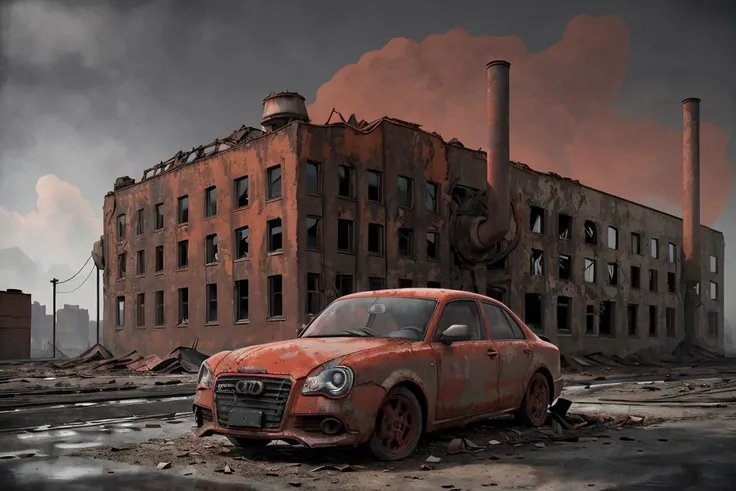 (dynamic pose:1.2),(dynamic camera), Crimson colored car Audi on abandoned factory, rusted machinery, eerie silence, remnants of industrial past high speed