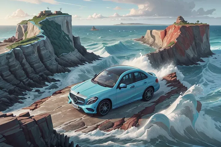 (dynamic pose:1.2),(dynamic camera), Cyan colored car Mercedes-Benz on eroded coastline, eroding cliffs, pounding waves, vanishing shoreline high speed