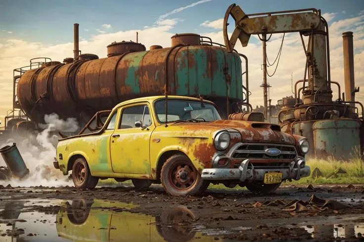 (dynamic pose:1.2),(dynamic camera),masterpiece, Lime colored car Ford on rusted oil rig, creaking metal, toxic spills, remnants of an industrial past high speed